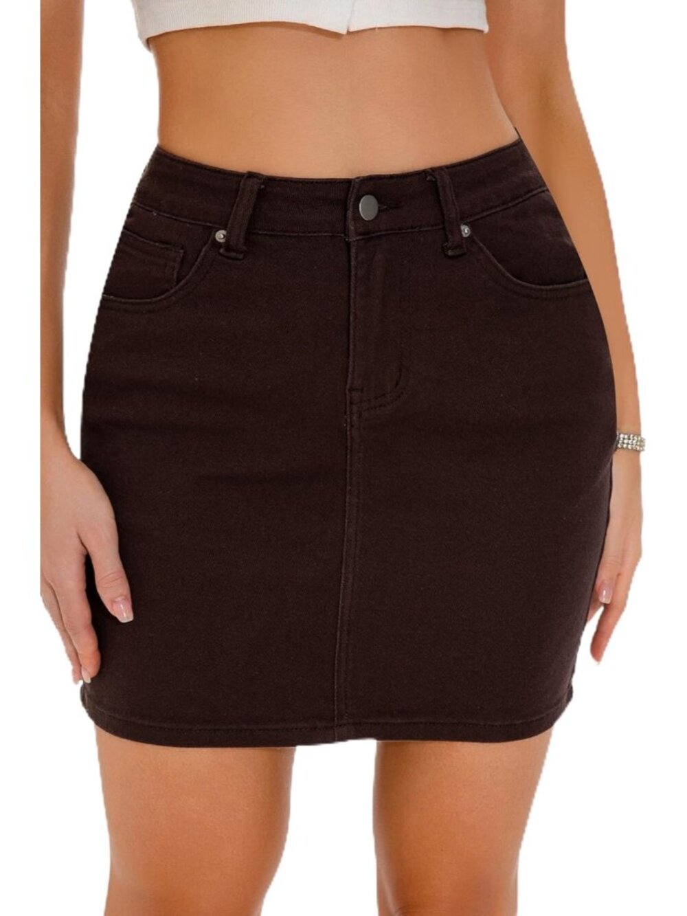 Women's Brown Stretch Slim High Waisted Classic 5-Pocket Design Denim Mini Skirt